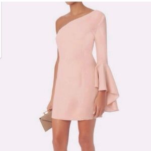 Intermix Aleen Pink Blush One Shoulder Bell Flare Sleeve Mini Dress Size L. NWT.